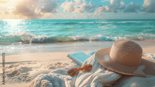 An artistic composition of a sunhat, sunglasses, and a novel lying on a beach chair, with the calm ocean stretching out behind, offering a tranquil background with space for inspirational text, photo