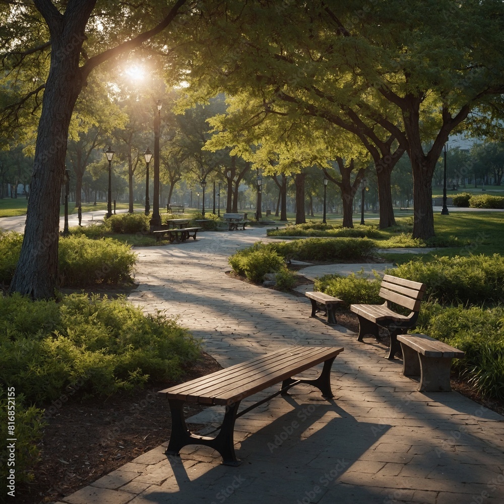 A peaceful park with a walking path and benches.

