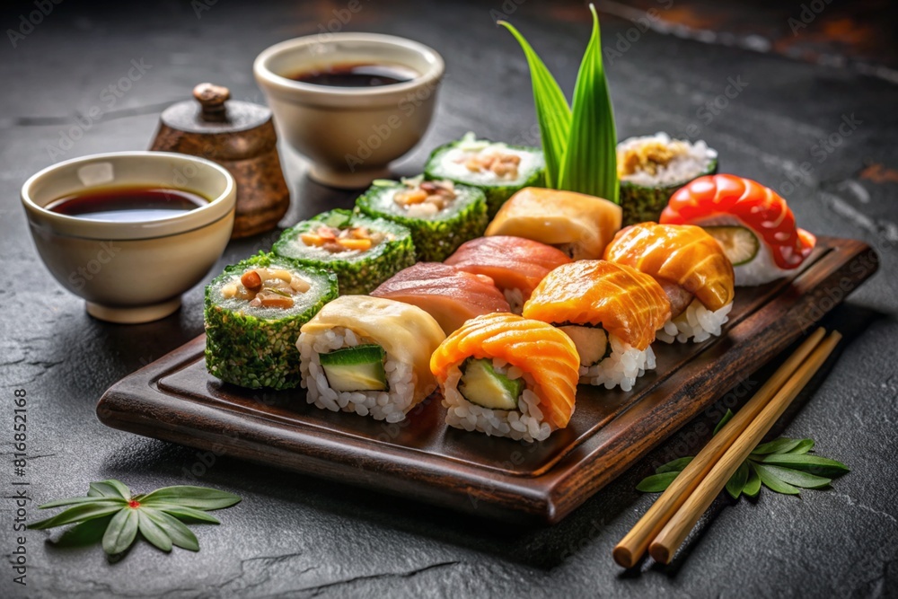 Fototapeta Japanese sushi set. Food photography, asian kitchen. Restaurant food menu photos. Sushi roll pictures. Ai generated