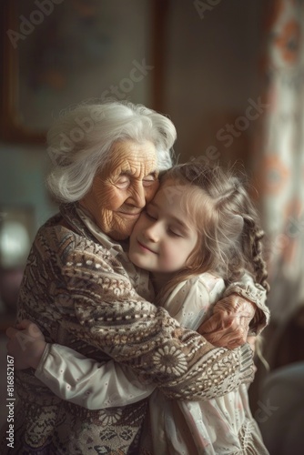 An old woman hugging a young girl in a warm family setting. Suitable for family, love, and togetherness concepts