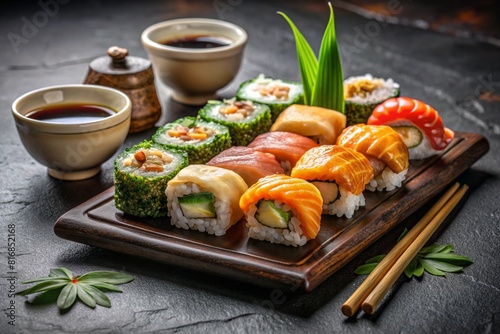 Japanese sushi set. Food photography, asian kitchen. Restaurant food menu photos. Sushi roll pictures. Ai generated