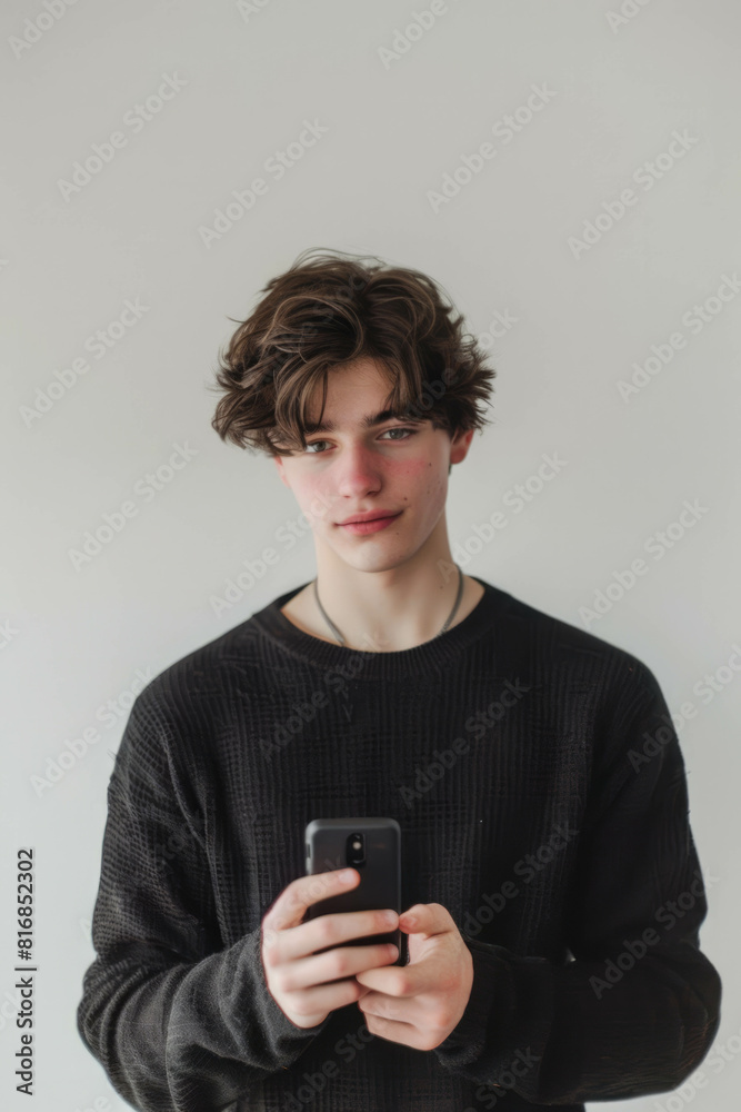 Explore digital connectivity with a medium distance shot of a young man in his 20s holding a smartphone. AI generative. Explore digital connectivity with a medium distance shot of a young man in his 20s holding a smartphone. AI generative.