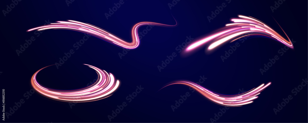 Obraz premium Curved light trail stretched upward. Vector Illustration. Comet with a long bright tail in outer space. Expressway in long delay, with car lights at night on autobahn. 