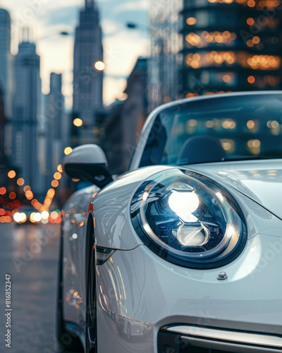 Capture the intense beam of white car headlights up close, enhancing visibility. AI generative. photo