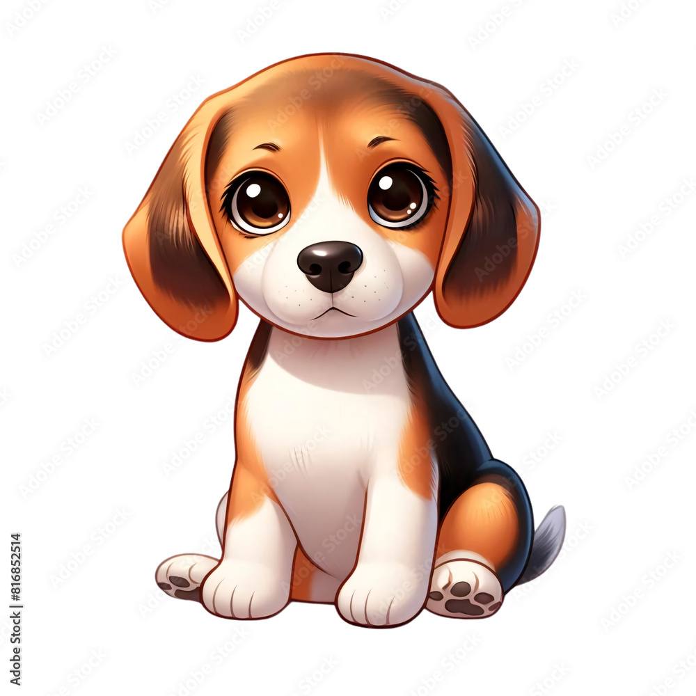 A young beagle depicted in a charming cartoon style, sitting down on a transparent background A young beagle depicted in a charming cartoon style, sitting down on a transparent background