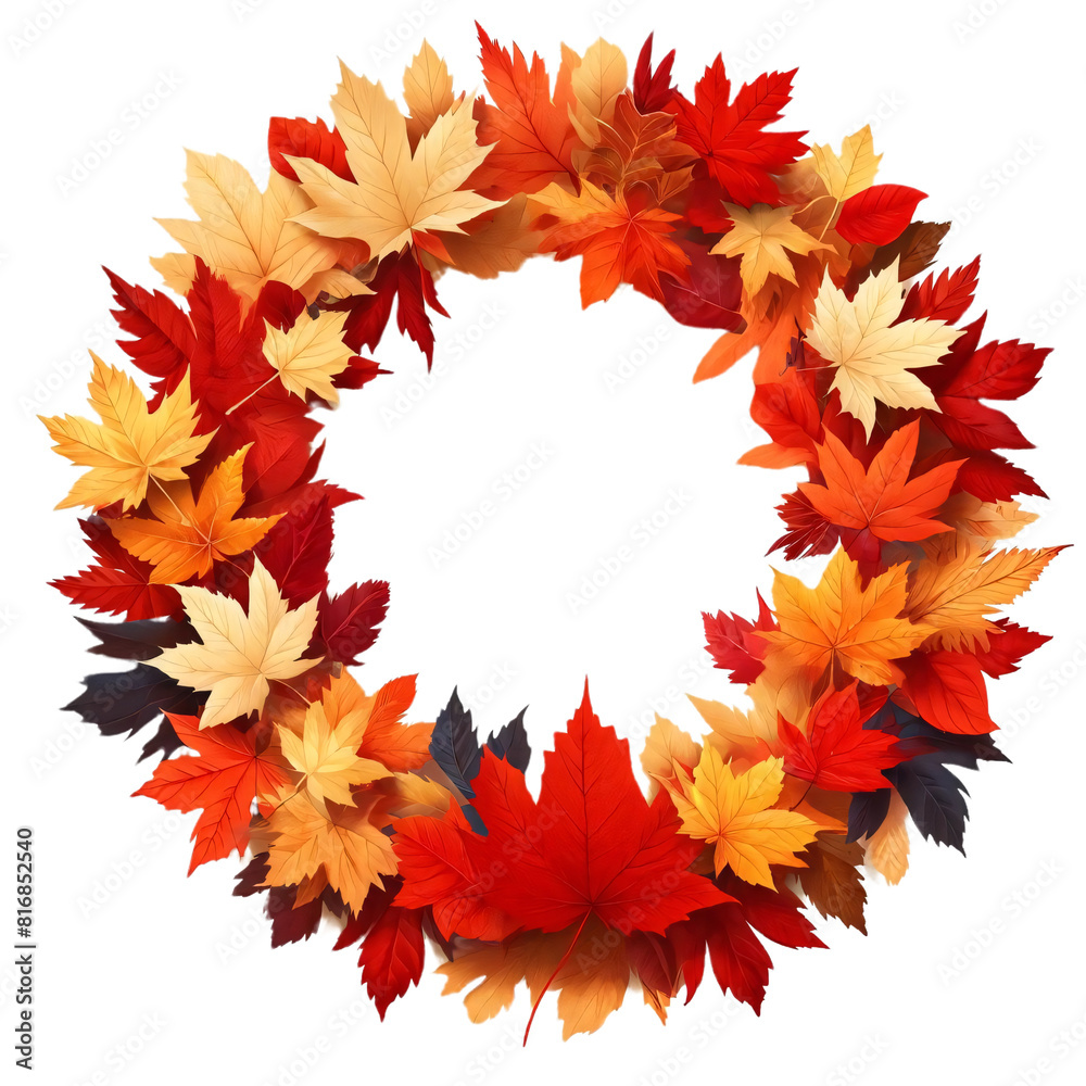 A wreath made of autumn leaves in various shades such as red, orange, and yellow on a transparent background A wreath made of autumn leaves in various shades such as red, orange, and yellow on a transparent background