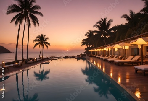 A luxury resort pool overlooking the ocean at sunset, with floating lanterns and umbrellas, a wooden deck and palm trees in the background  © doramedya