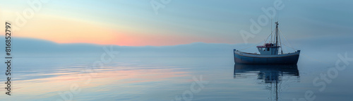 Fishing Boat in Misty Calm Sea © bajita111122