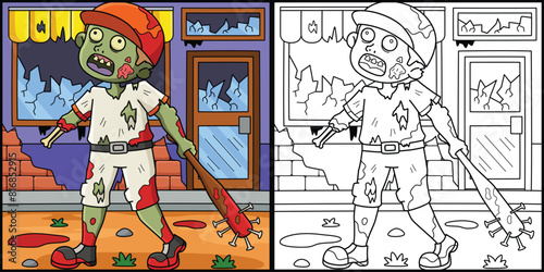 Zombie Holding Baseball Bat Coloring Illustration