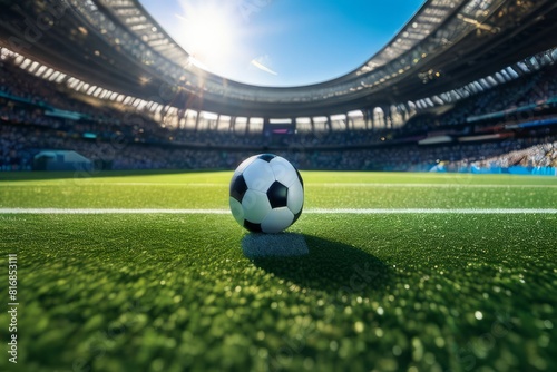 Morning sunrise illuminating soccer ball resting on dew-covered stadium grass