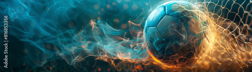 Soccer ball captured in the moment of impact with the net, creating a splash of water droplets in a backlit scene. photo
