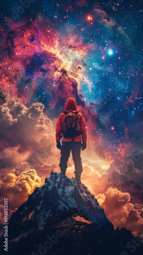 Lone backpacker atop a mountain peak, silhouetted against a vivid galaxyfilled sky