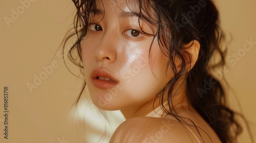 A close-up portrait of a woman with dewy skin and wet hair, highlighting natural beauty and fresh skincare photo