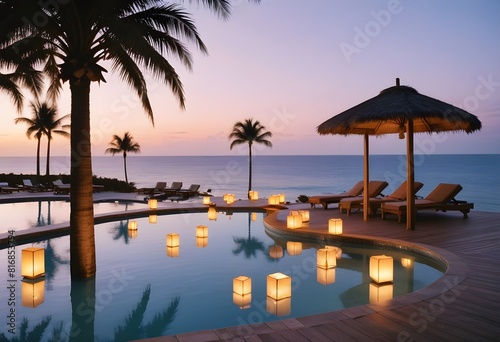 A luxury resort pool overlooking the ocean at sunset, with floating lanterns and umbrellas, a wooden deck and palm trees in the background  © doramedya
