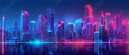 Futuristic Cityscape with Glowing Skyscrapers Neon Lights and Luminous Reflections on the River or Bay