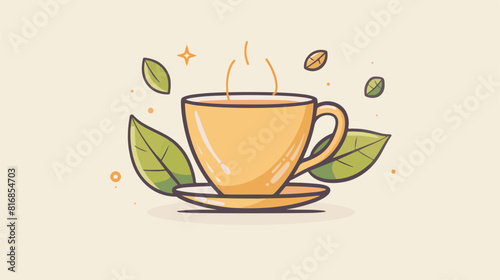 Tea cup with leaves line and fill style icon design 