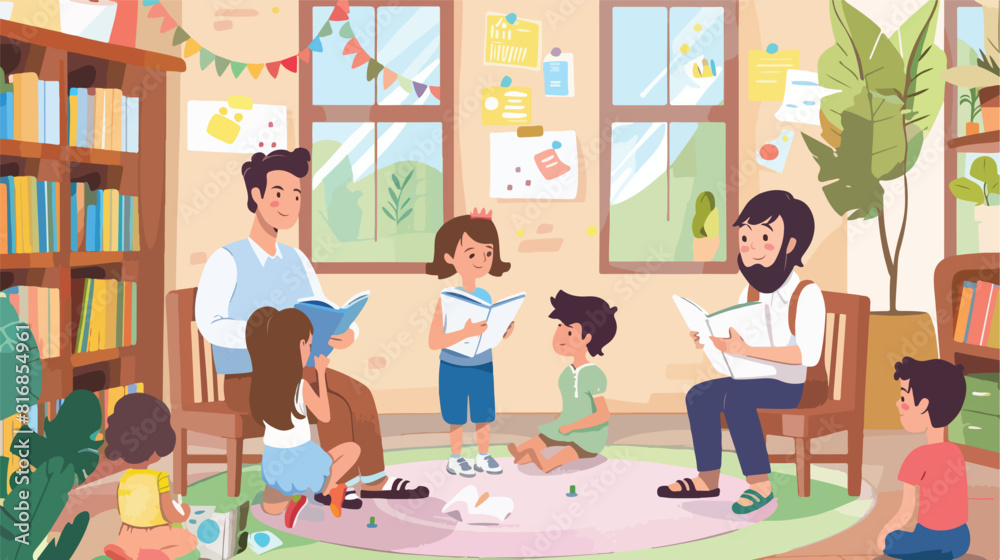 Teacher couple with little students kids in room vector
