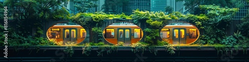 A modern city railway station representing futuristic urban transport surrounded by greenery.