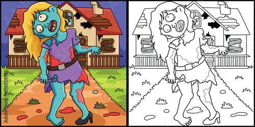 Zombie Girl Coloring Page Colored Illustration