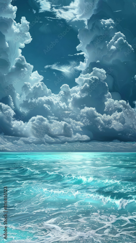 Idyllic scene of blue water and cloudy sky, offering a peaceful and refreshing perspective. Ideal for digital designs and visual art, created with the aid of AI generative technology. AI generative..