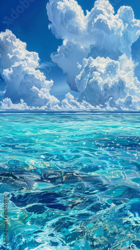 Beautiful image of blue water surrounded by a cloudy sky, capturing the serene and tranquil essence of nature. Perfect for digital art and creative projects using AI generative techniques.