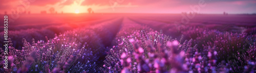 The warm sunset bathes purple lavender fields in a soft  enchanting light  highlighting the beauty of the floral landscape.