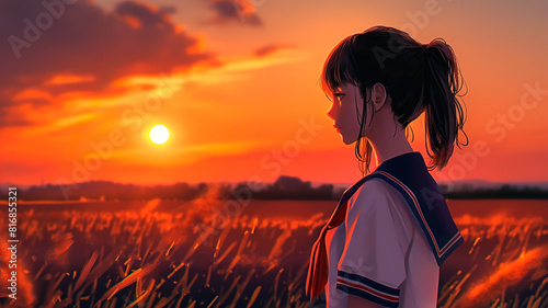 An anime schoolgirl watching a serene sunset in field in the countryside. In the style of anime art. Anime twilight. photo