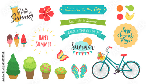 Summer town clipart. Bright icon set featuring banners with lettering phrases, bicycle, ice cream, popsicle, fruit, cocktail, lemonade, street plants in pots. Summer in the city design elements. © Cute Design