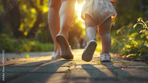 A picture of the legs of a little child walking on a path with his mother holding his hand.