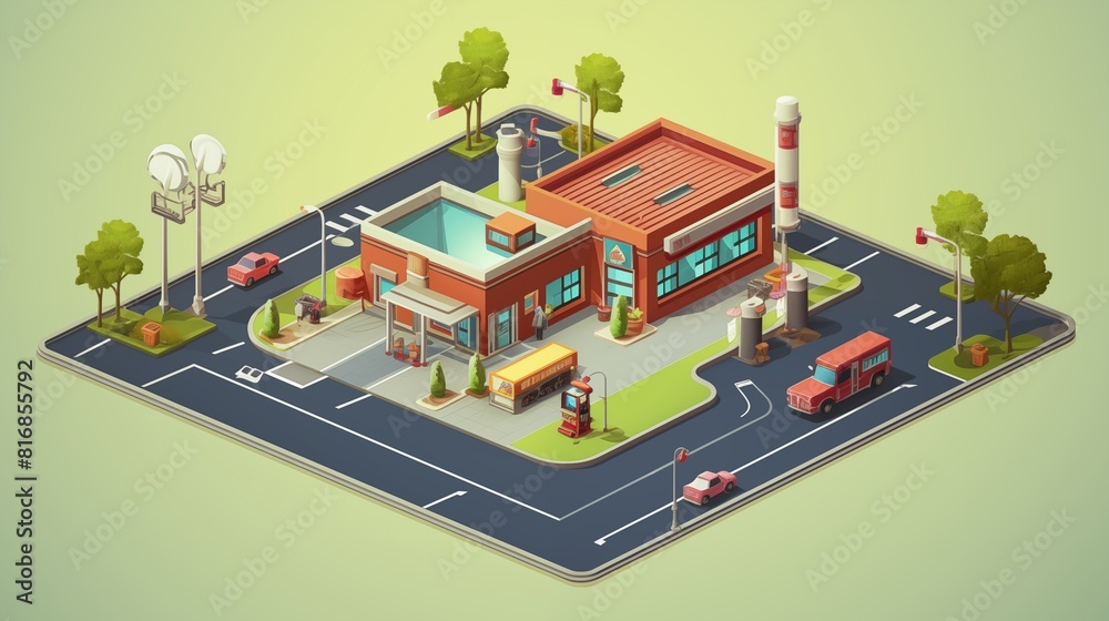 Modern school campus depicted in isometric 3D vector graphics, with a nearby gas station providing convenience.
