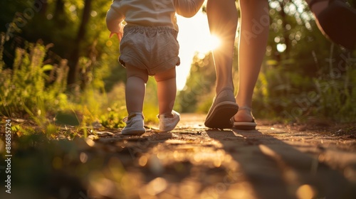A picture of the legs of a little child walking on a path with his mother holding his hand.