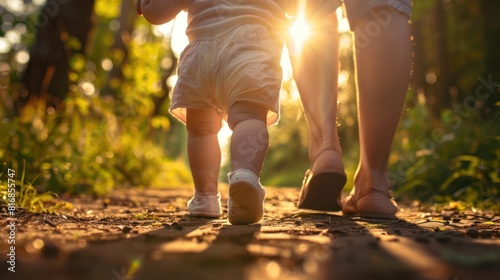 A picture of the legs of a little child walking on a path with his mother holding his hand.