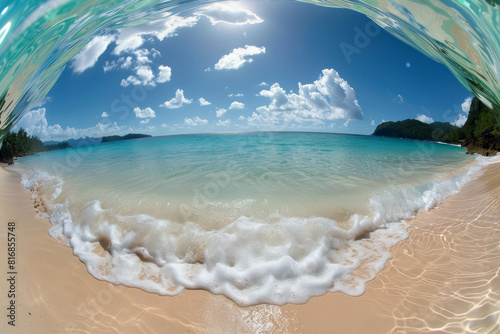 Beautiful wide-angle fisheye view of the sea's crashing waves against a clean white beach. The scenic landscape highlights the serene coastal environment. AI generative. photo