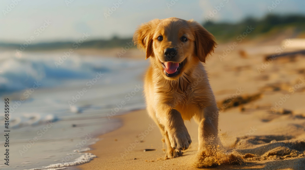 Have fun on the beach with this colorful 4K photo of a happy Golden Retriever enjoying the sand and waves. The playful dog radiates joy and excitement. AI generative.