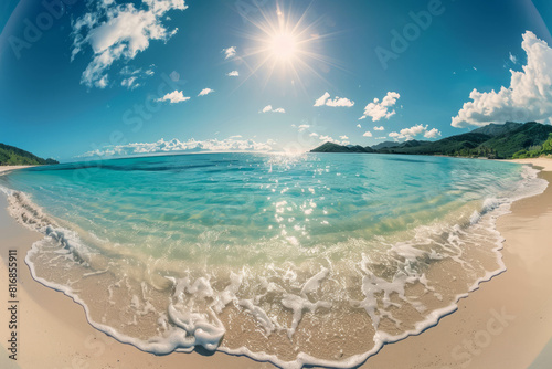 This wide-angle fisheye lens photo depicts the sea's dynamic waves meeting a clean white beach, offering a stunning seascape view. Created with advanced AI generative technology. AI generative.
