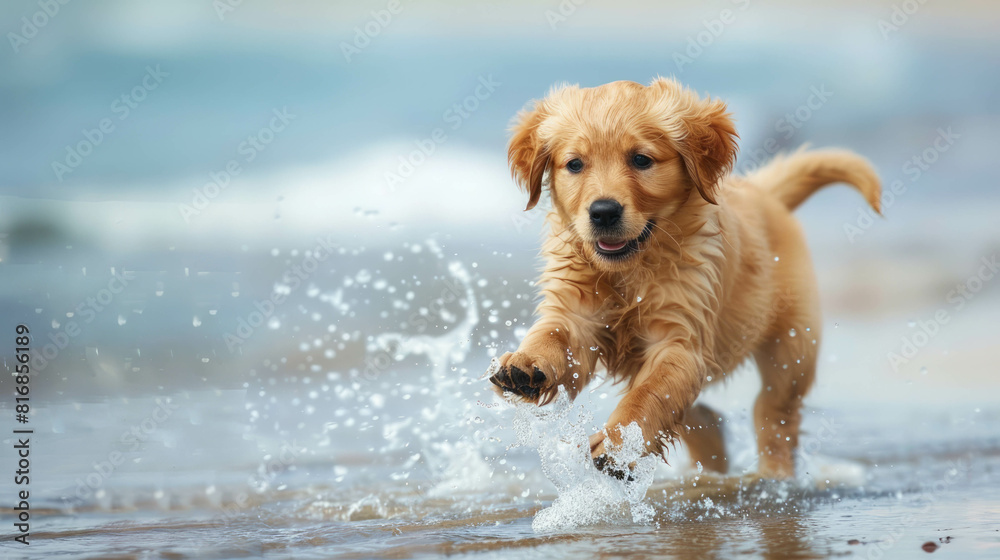 A joyful Golden Retriever playing on the beach is the highlight of this ...