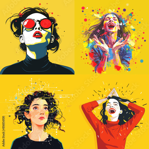 A vibrant digital illustration of four expressive female portraits with bold colors, dynamic splashes, and modern aesthetics, capturing emotions of joy, confidence, and artistic energy.