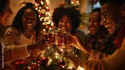 A group of friends celebrate Christmas exchanging gifts with each other