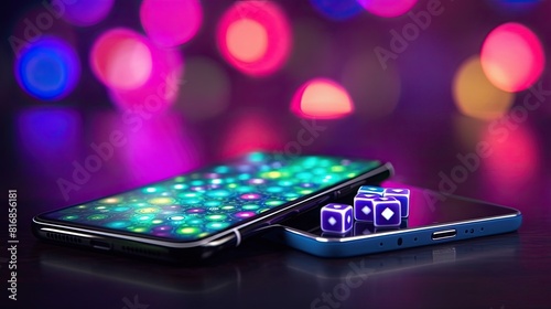 Smart mobile phone on the table with a gift in colorful background
