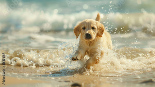 Enjoy the sight of a happy Golden Retriever frolicking on the beach in this vibrant 4K photo. The dog's playful spirit and the scenic shoreline make for a perfect summer moment. AI generative.