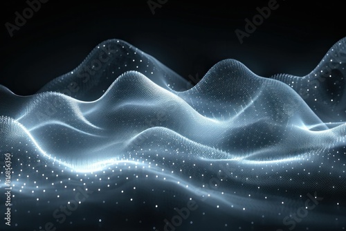 Flowing waves of light and darkness with white sparks in the center on a black background
