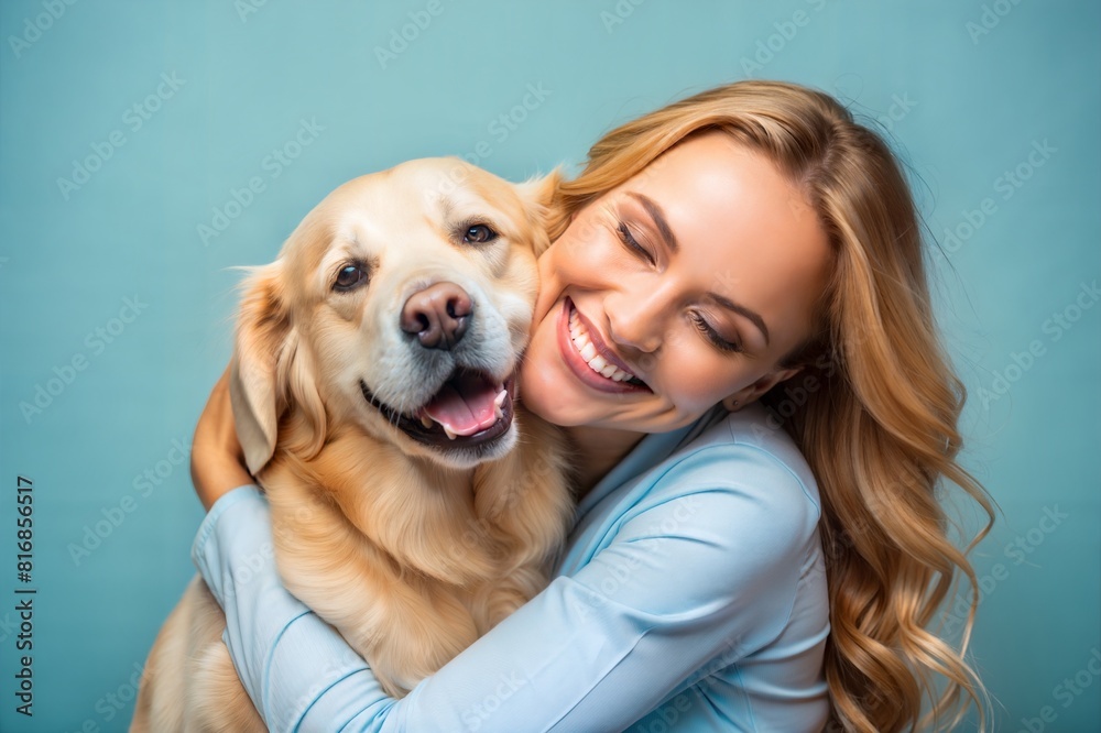 young woman holding golden retriever dog isolated on blue wall background. young woman holding golden retriever dog isolated on blue wall background.