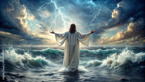 Jesus Christ with outstretched arms stands in the waves of the sea