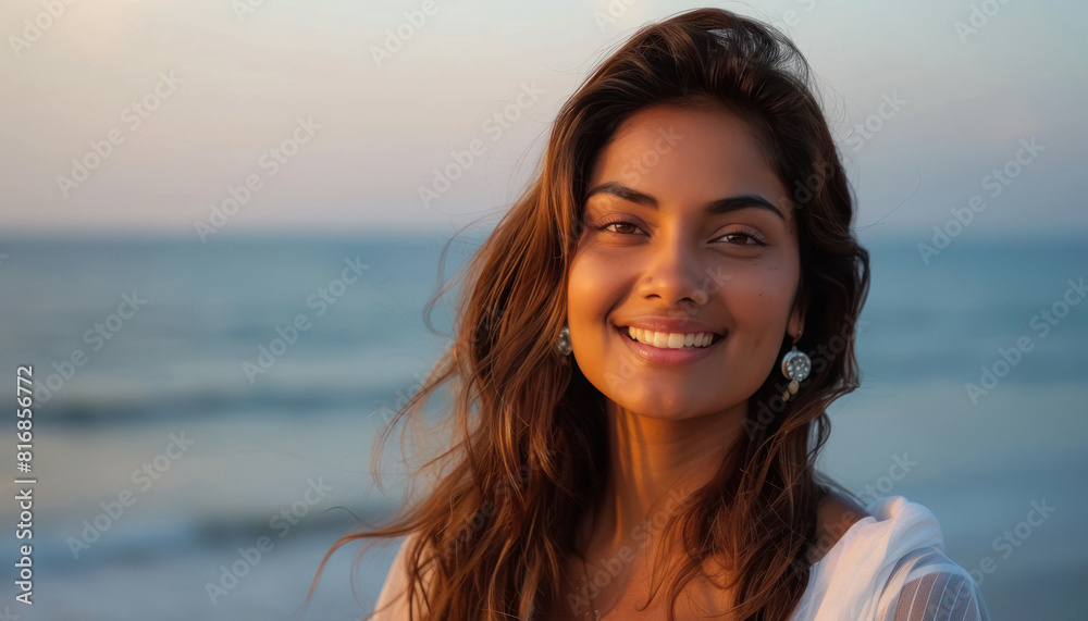 Beautiful indian lady in brown long hair and white dress, standing in front of the sea