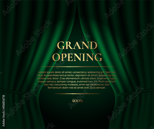 Grand Opening. Luxury banner with green curtain and golden text. Vector illustration