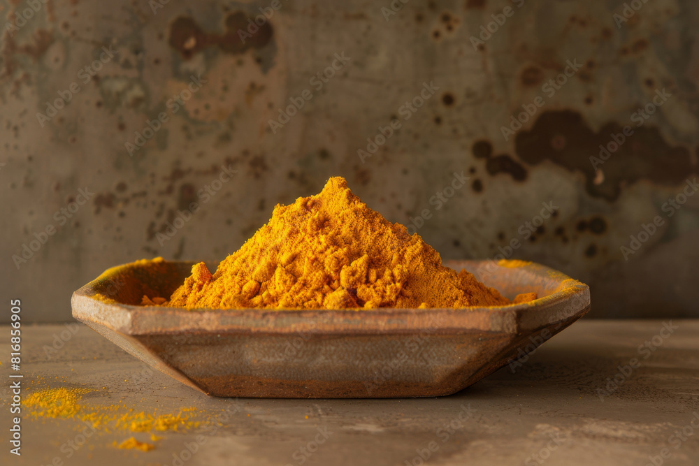 Rustic ceramic dish overflows with vibrant ground turmeric, against an earthy backdrop, evoking a sense of wholesome, natural flavor