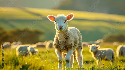 A young sheep grazes in the mountainous area and eats tasty grass