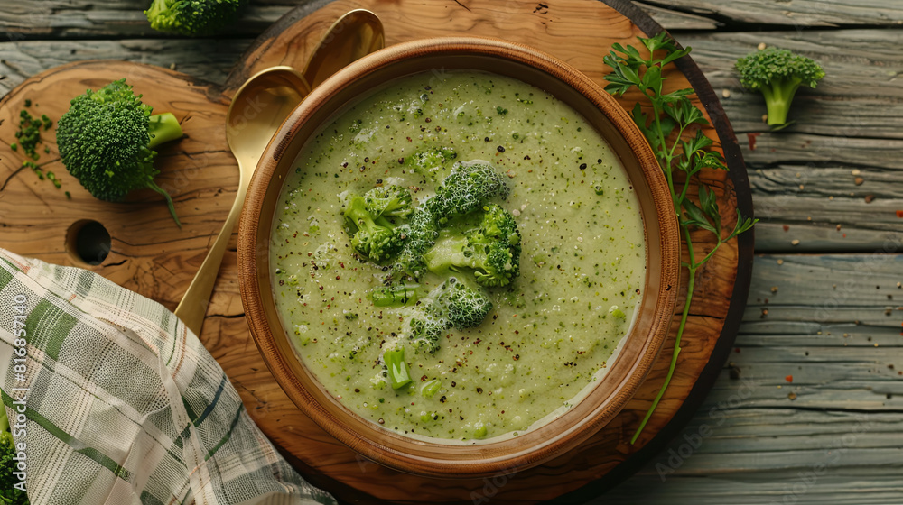Cream of broccoli soup in a wooden plate Cream of broccoli soup in a wooden plate