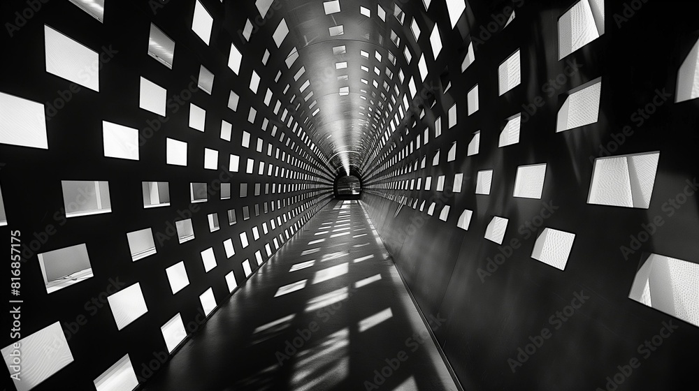 Obraz premium Black and white image of an illuminated train tunnel with geometric patterns.