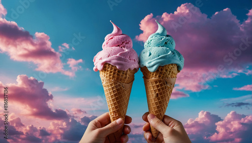 Ice cream in the hand on the sky background